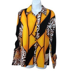 Hannier Top Womens  Size 2XL Button Down Yellow Black Leopard Print Long Sleeve
